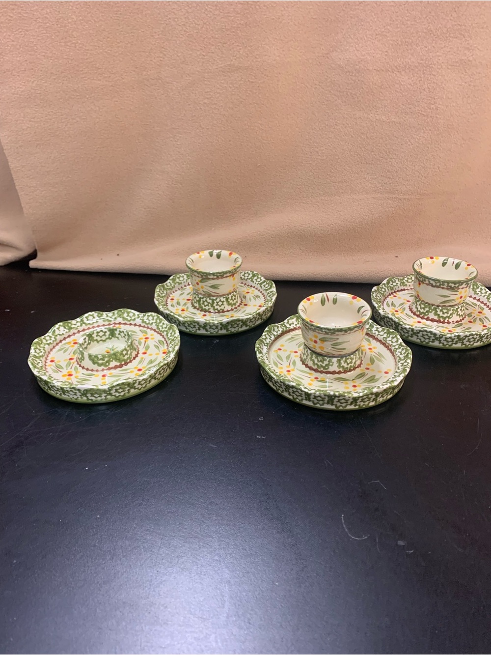 Temp-Tations Green and Orange Floral Egg Cup and Saucer Set Inv 907